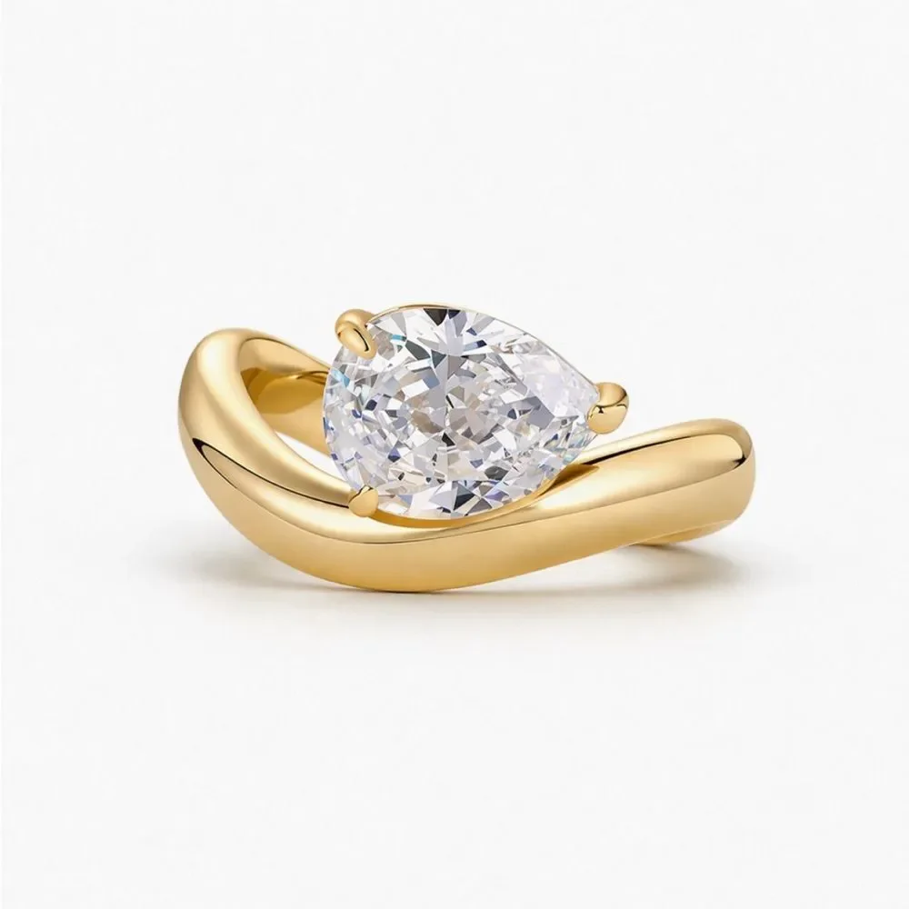 14K Yellow Gold Wavy Diamond Engagement Ring Pear Cut Solitaire Statement Ring